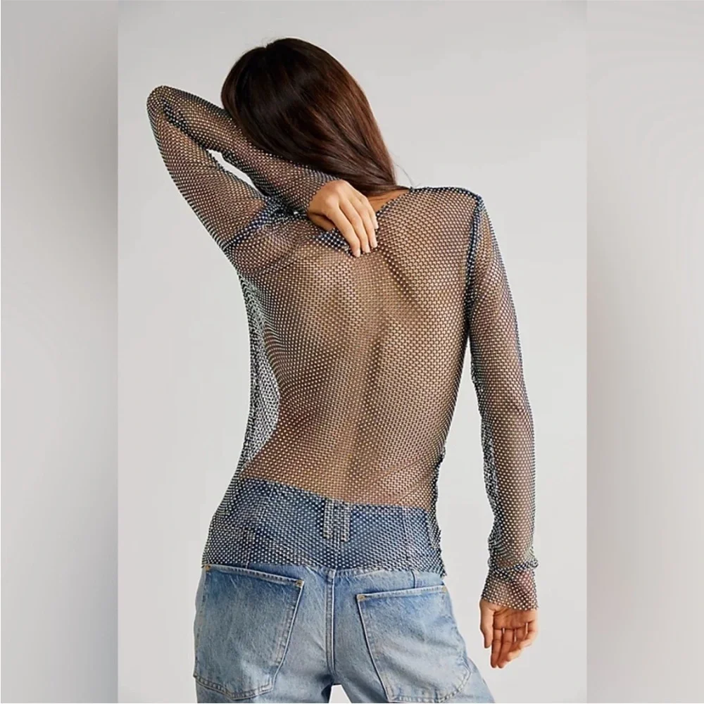 NEW Free People Filter Finish Long Sleeve Netted Rhinestone Top Navy